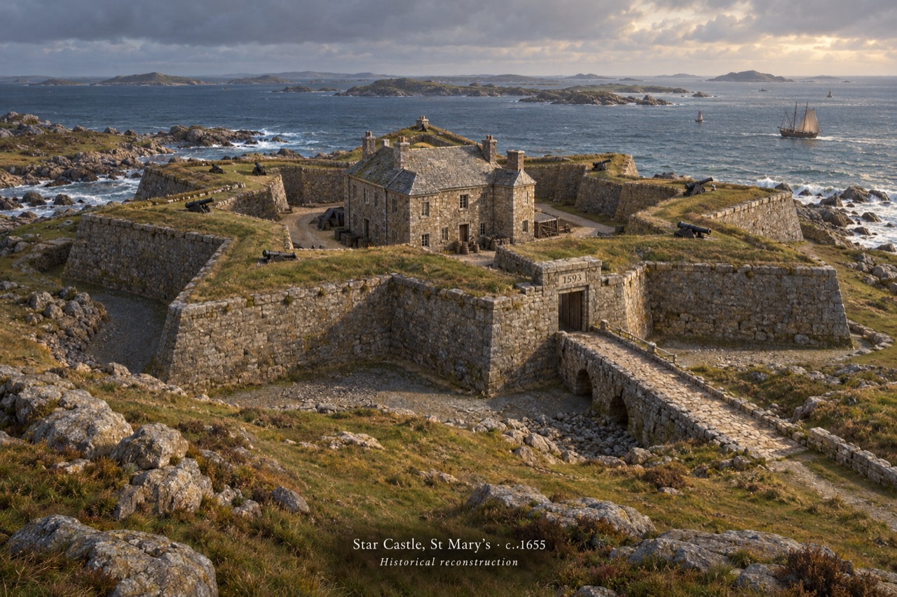 An artistic reconstruction of Star Castle on St Mary’s, surrounded by the sea